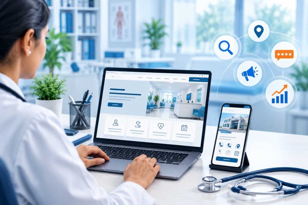 Healthcare professionals using digital technology to support Digital Marketing for Clinics in Payyanur through Medical SEO, website optimization, and patient engagement.