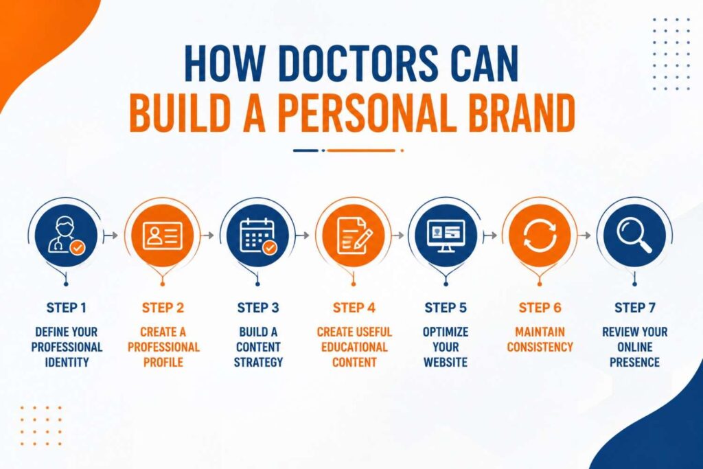 Step-by-step infographic illustrating how doctors can build a personal brand, covering professional identity, profile creation, content strategy, educational content, website optimization, consistency, and online presence review.