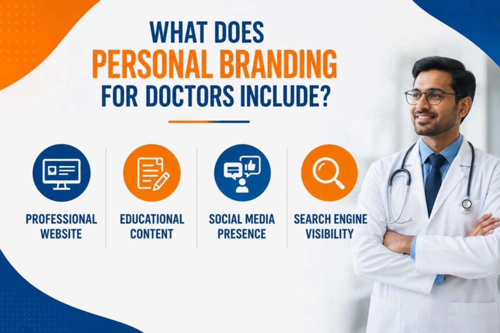 Illustration showing the key components of personal branding for doctors, including a professional website, educational content, social media presence, and search engine visibility in a blue and orange design.