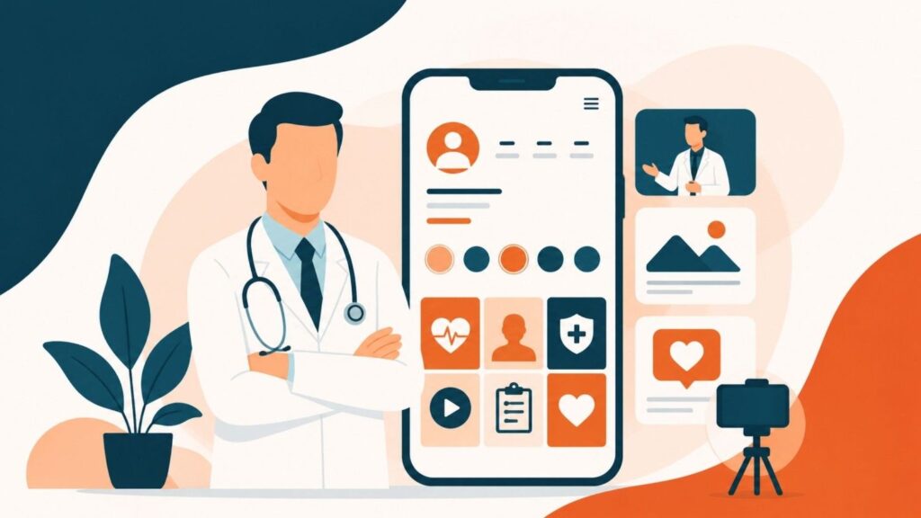 Instagram Branding Tips for Doctors featuring a doctor building a professional Instagram presence with educational content