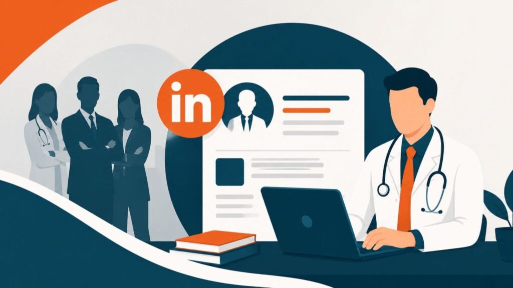 LinkedIn Branding for Healthcare Professionals showing a doctor building a professional LinkedIn presence and connecting with healthcare peers