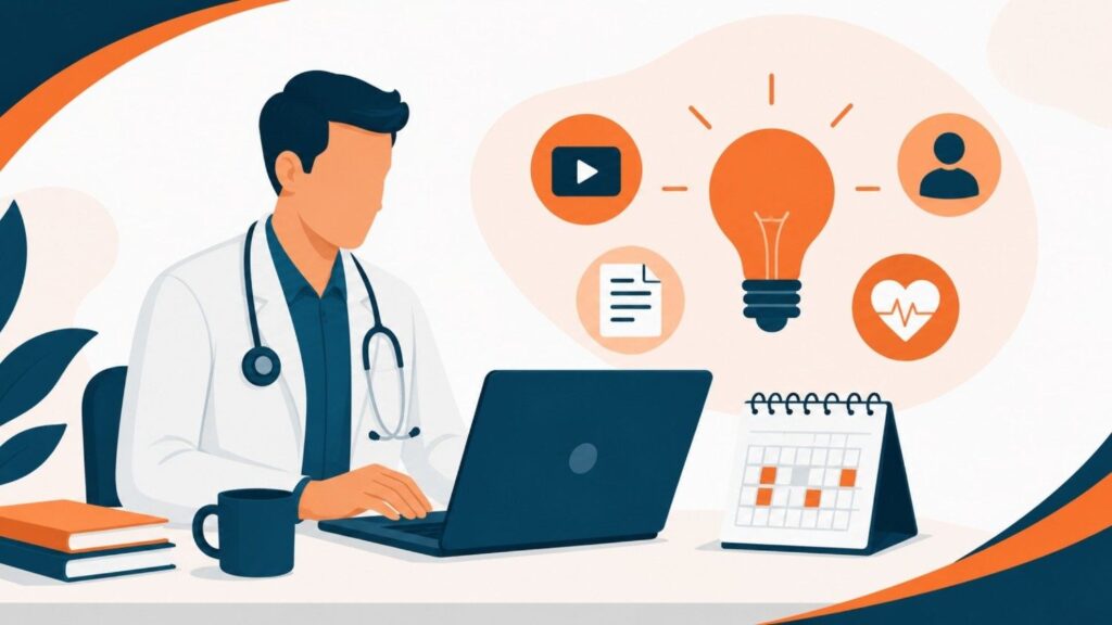 Content Ideas for Busy Doctors featuring a doctor planning and creating professional healthcare content