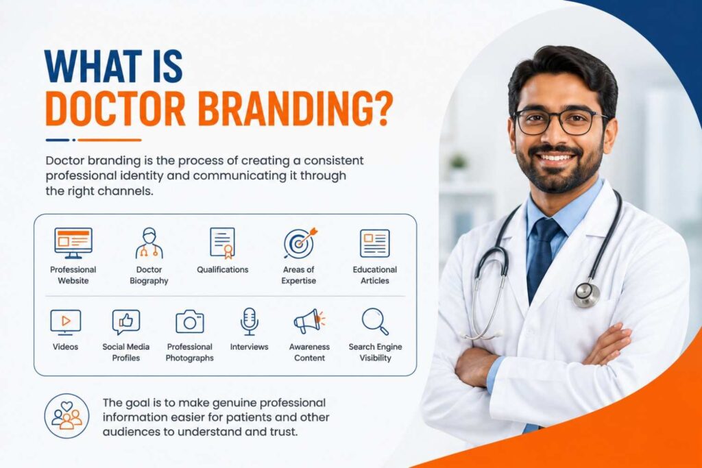 Illustration explaining doctor branding with a professional doctor, medical branding elements, and icons representing websites, qualifications, expertise, educational content, social media, and search visibility.