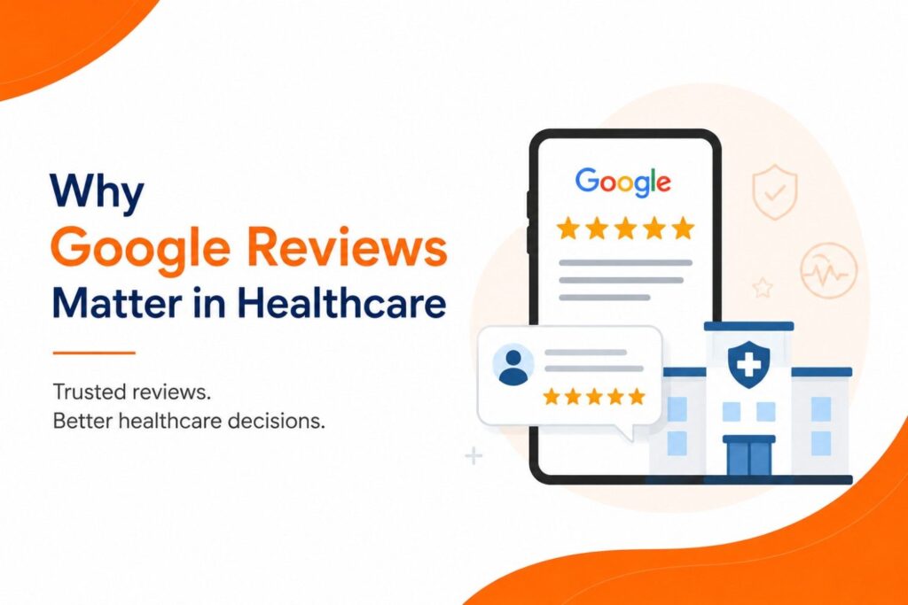 Why Google Reviews Matter in Healthcare, featuring patient reviews, five-star ratings, and a healthcare clinic.
