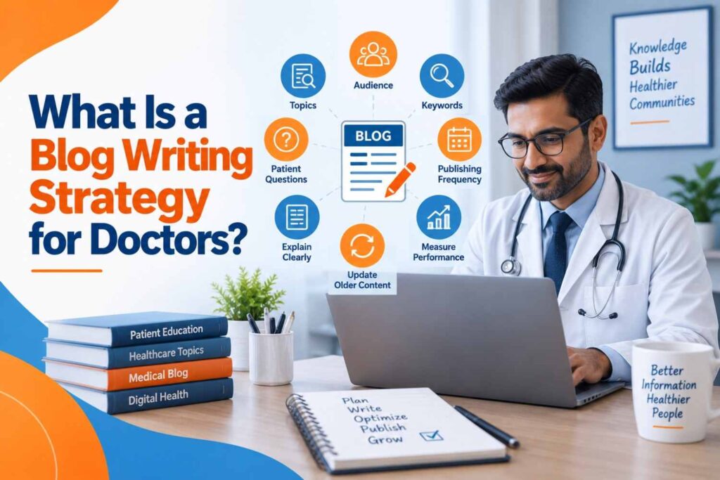 What Is a Blog Writing Strategy for Doctors featuring a doctor planning and creating healthcare blog content