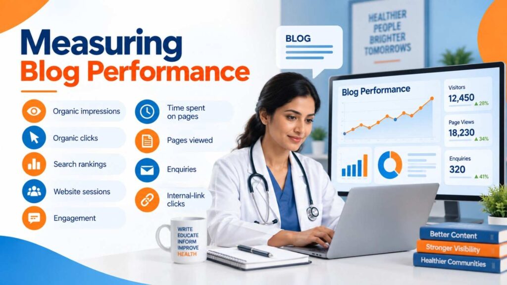 Measuring blog performance with key metrics including organic impressions, clicks, search rankings, website sessions, engagement, page views, enquiries, and internal-link clicks.