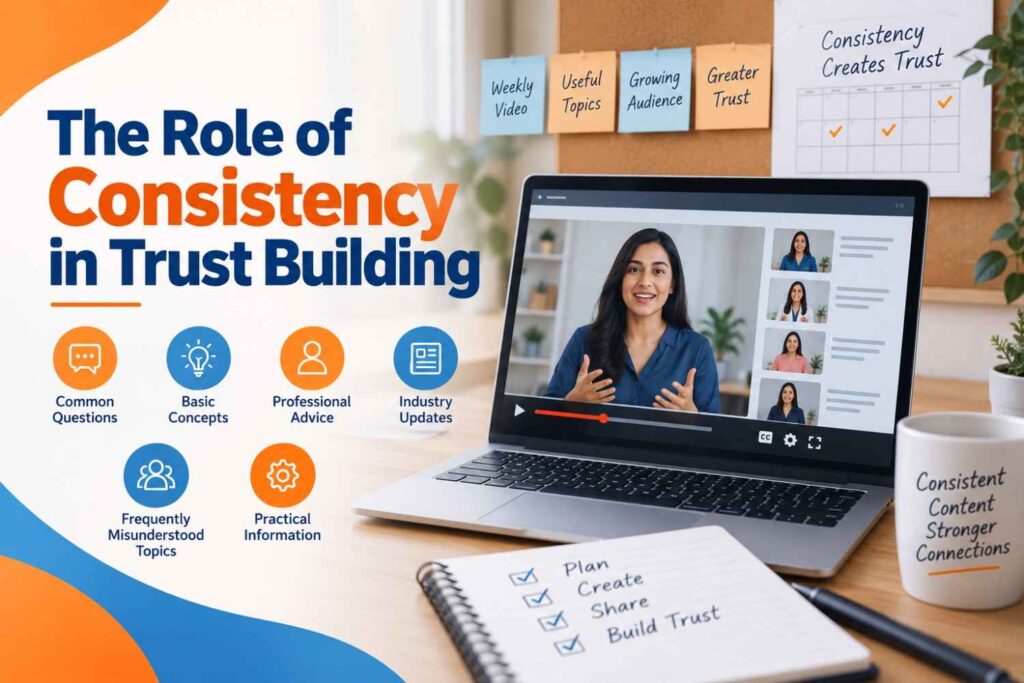 The Role of Consistency in Trust Building featuring weekly educational videos and a growing audience