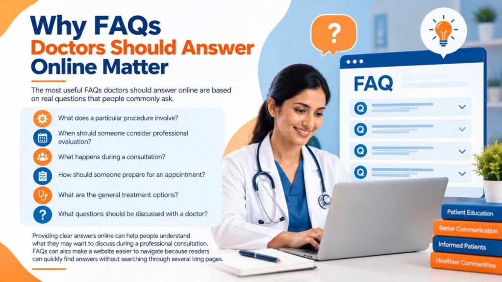 Why FAQs doctors should answer online, featuring a doctor reviewing common patient questions and healthcare information on a laptop.