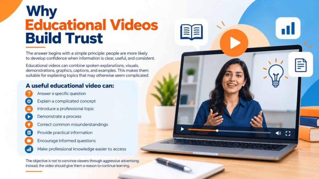 Why Educational Videos Build Trust, featuring a professional educational video presentation on a laptop in orange and blue tones.